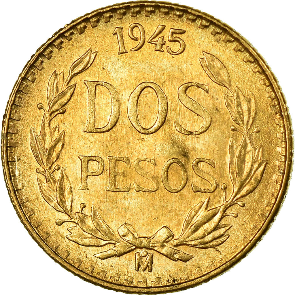 Coin, Mexico, 2 Pesos, 1945, Mexico City, MS(63), Gold, KM:461