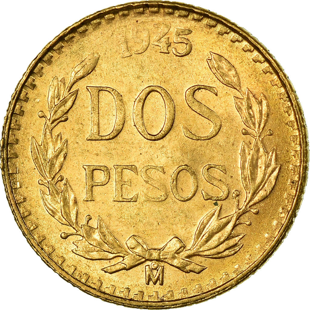 Coin, Mexico, 2 Pesos, 1945, Mexico City, MS(63), Gold, KM:461