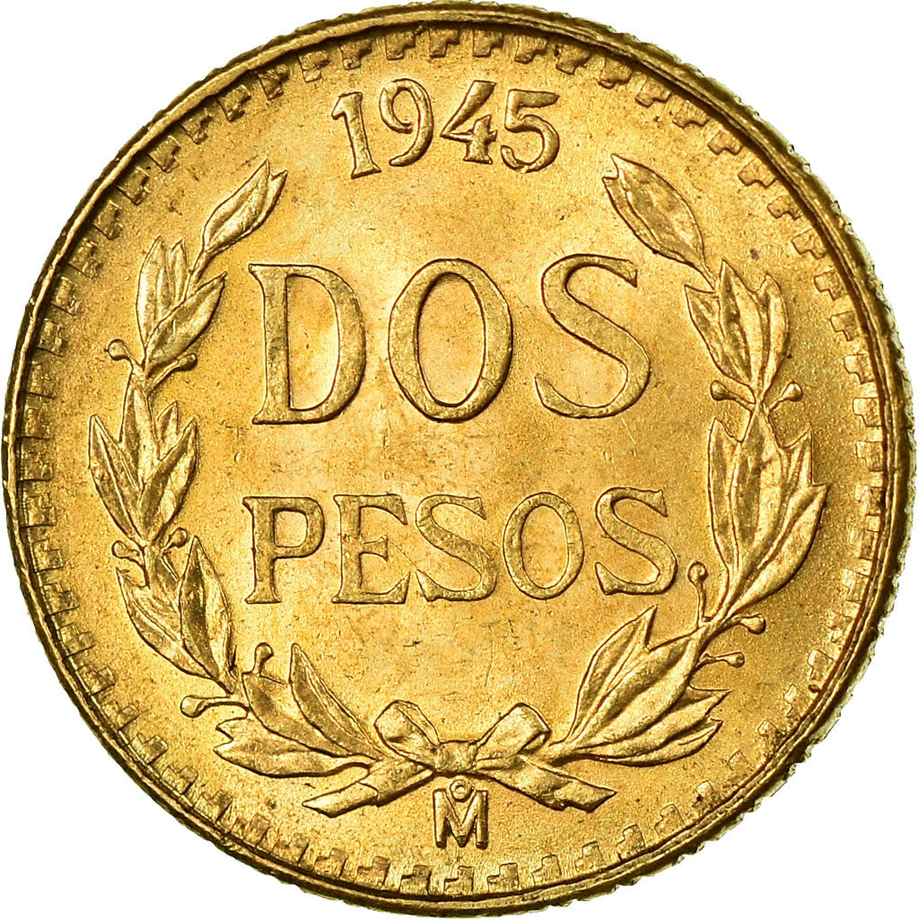 Coin, Mexico, 2 Pesos, 1945, Mexico City, MS(63), Gold, KM:461