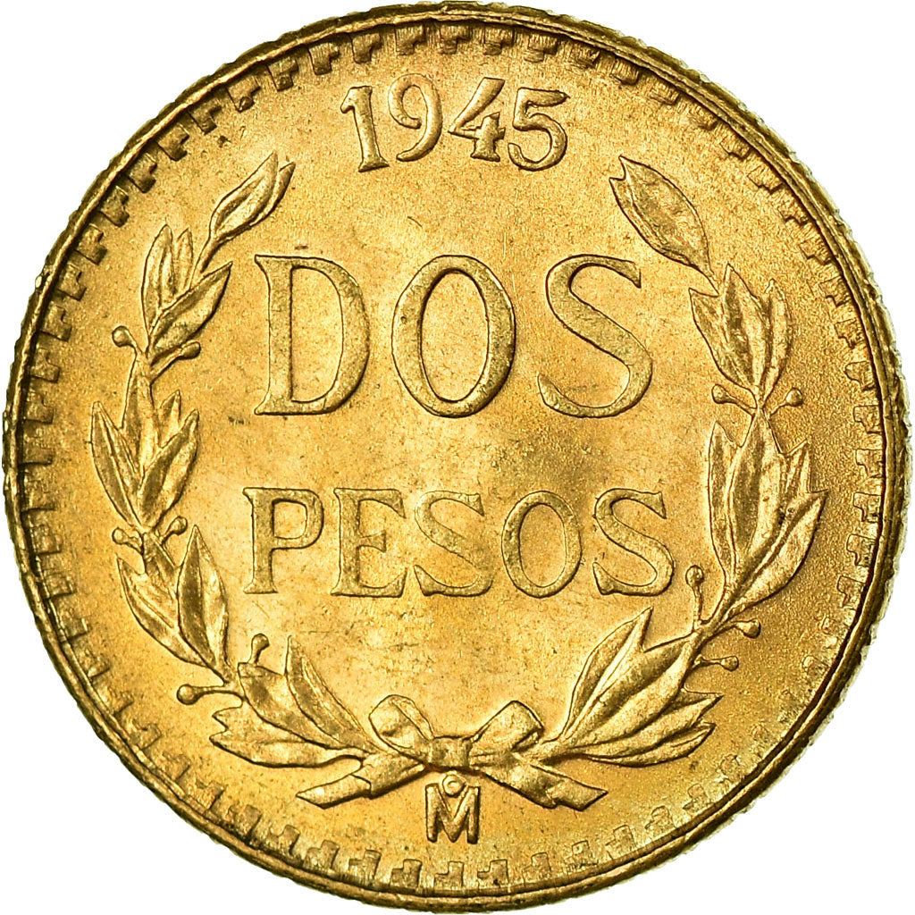 Coin, Mexico, 2 Pesos, 1945, Mexico City, MS(63), Gold, KM:461