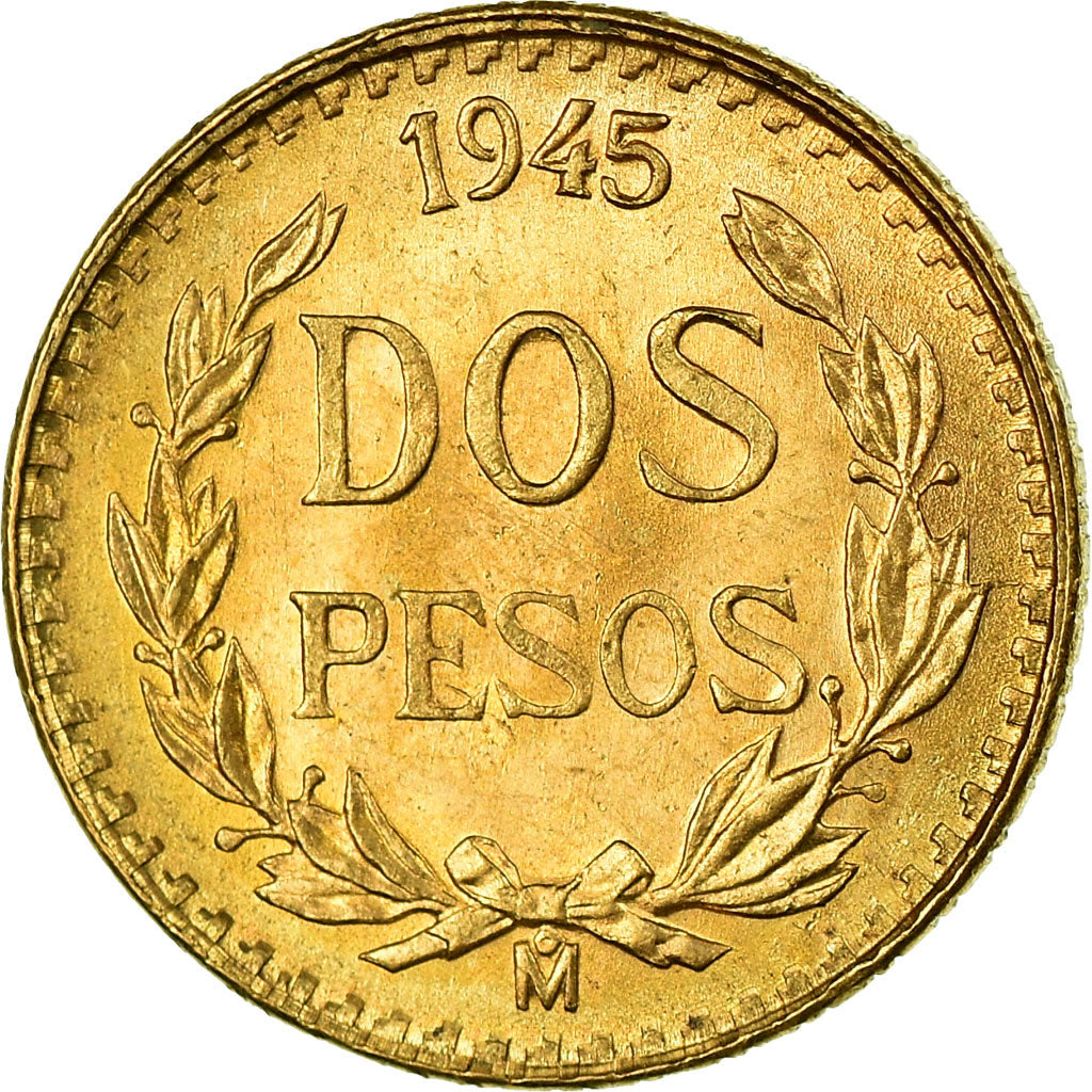 Coin, Mexico, 2 Pesos, 1945, Mexico City, MS(63), Gold, KM:461