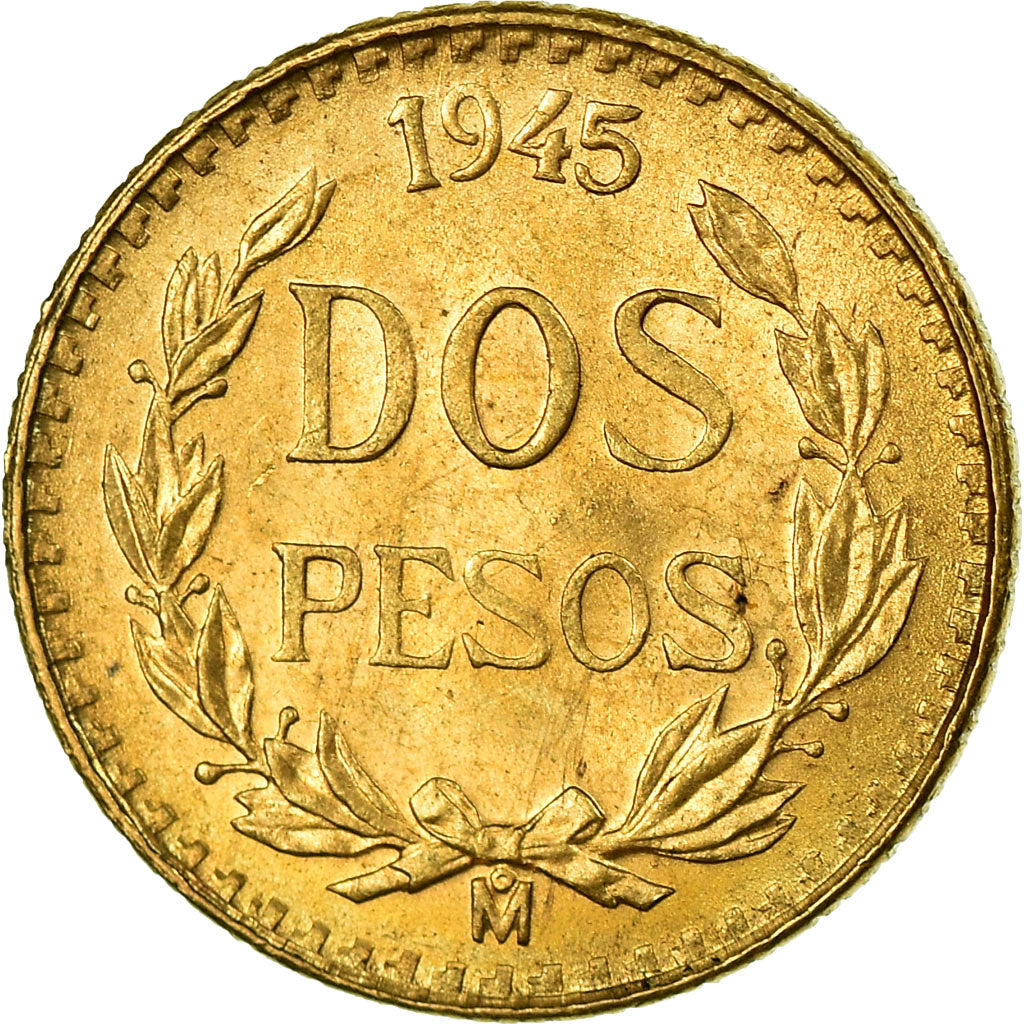 Coin, Mexico, 2 Pesos, 1945, Mexico City, MS(63), Gold, KM:461