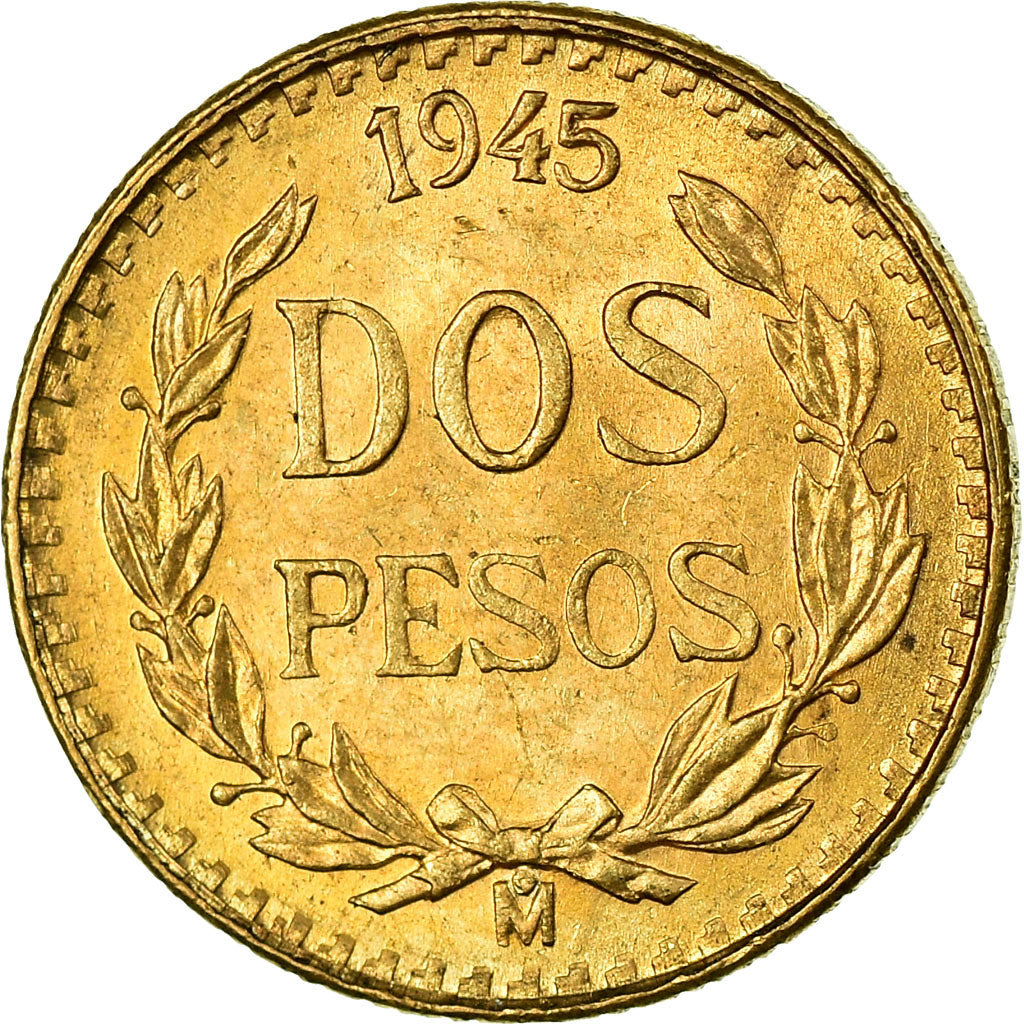 Coin, Mexico, 2 Pesos, 1945, Mexico City, MS(63), Gold, KM:461