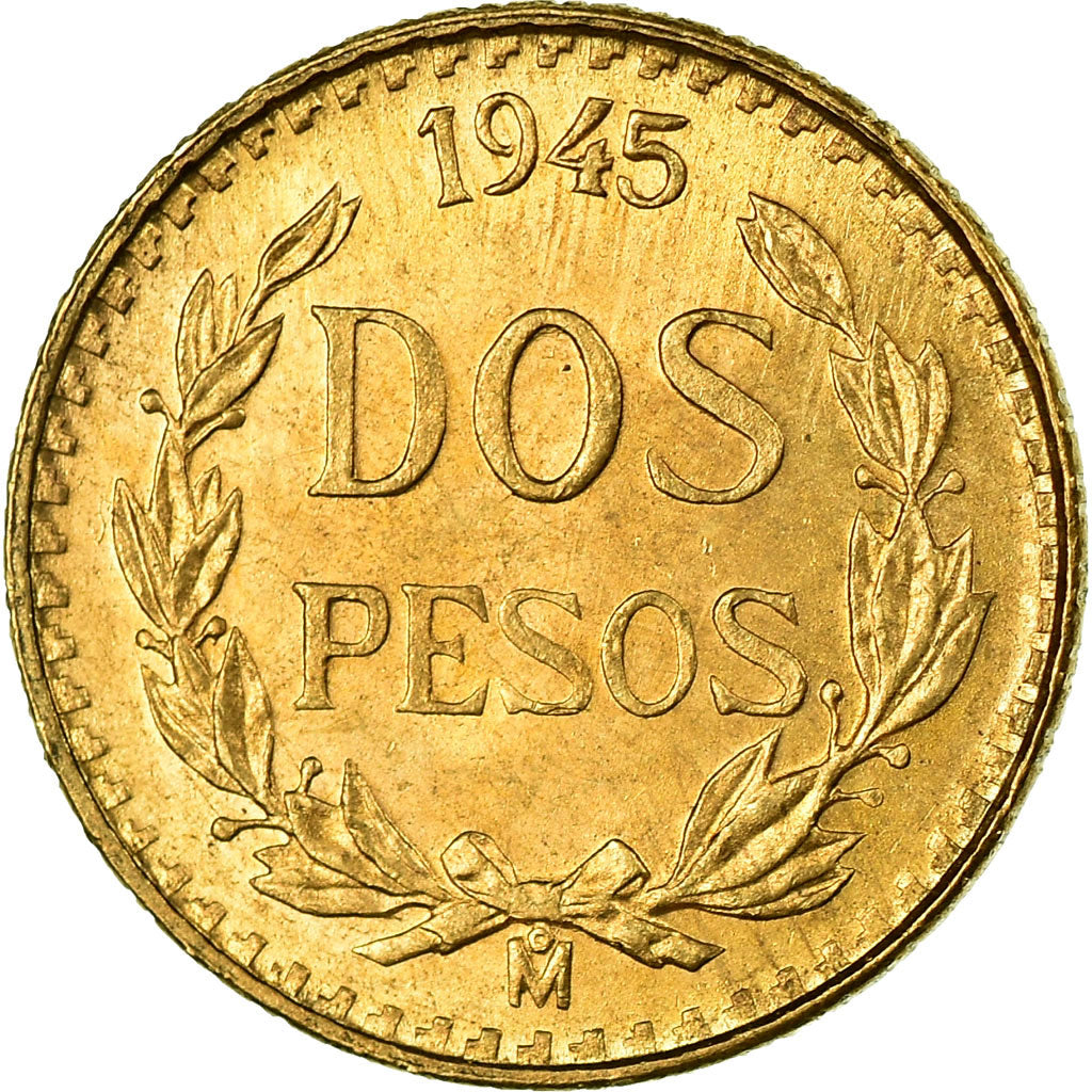 Coin, Mexico, 2 Pesos, 1945, Mexico City, MS(63), Gold, KM:461