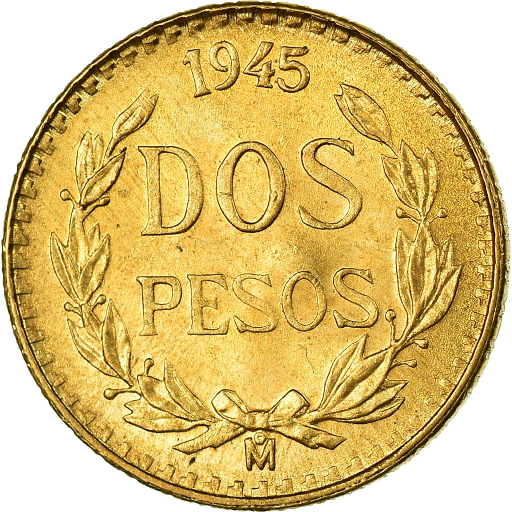 Coin, Mexico, 2 Pesos, 1945, Mexico City, MS(63), Gold, KM:461