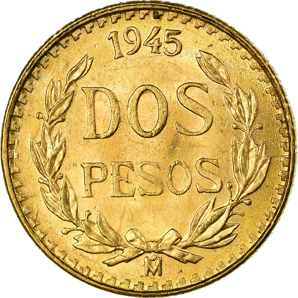 Coin, Mexico, 2 Pesos, 1945, Mexico City, MS(63), Gold, KM:461