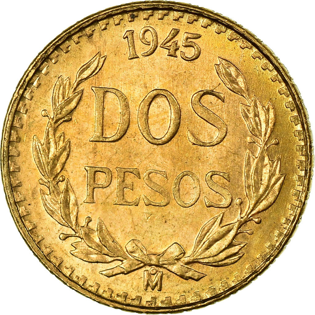 Coin, Mexico, 2 Pesos, 1945, Mexico City, MS(63), Gold, KM:461
