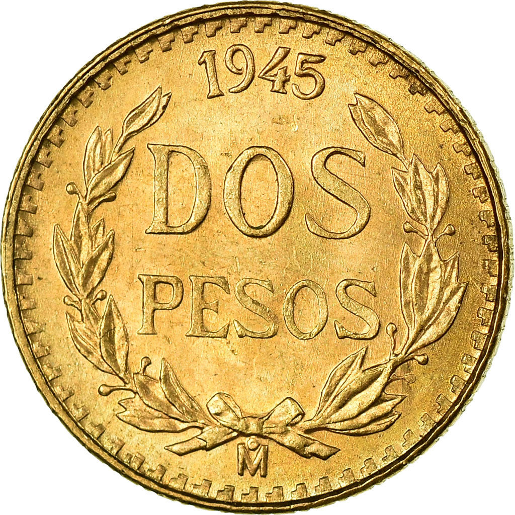 Coin, Mexico, 2 Pesos, 1945, Mexico City, MS(63), Gold, KM:461