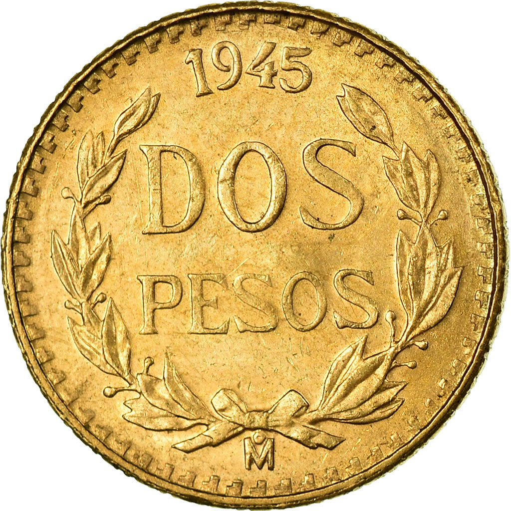 Coin, Mexico, 2 Pesos, 1945, Mexico City, MS(63), Gold, KM:461