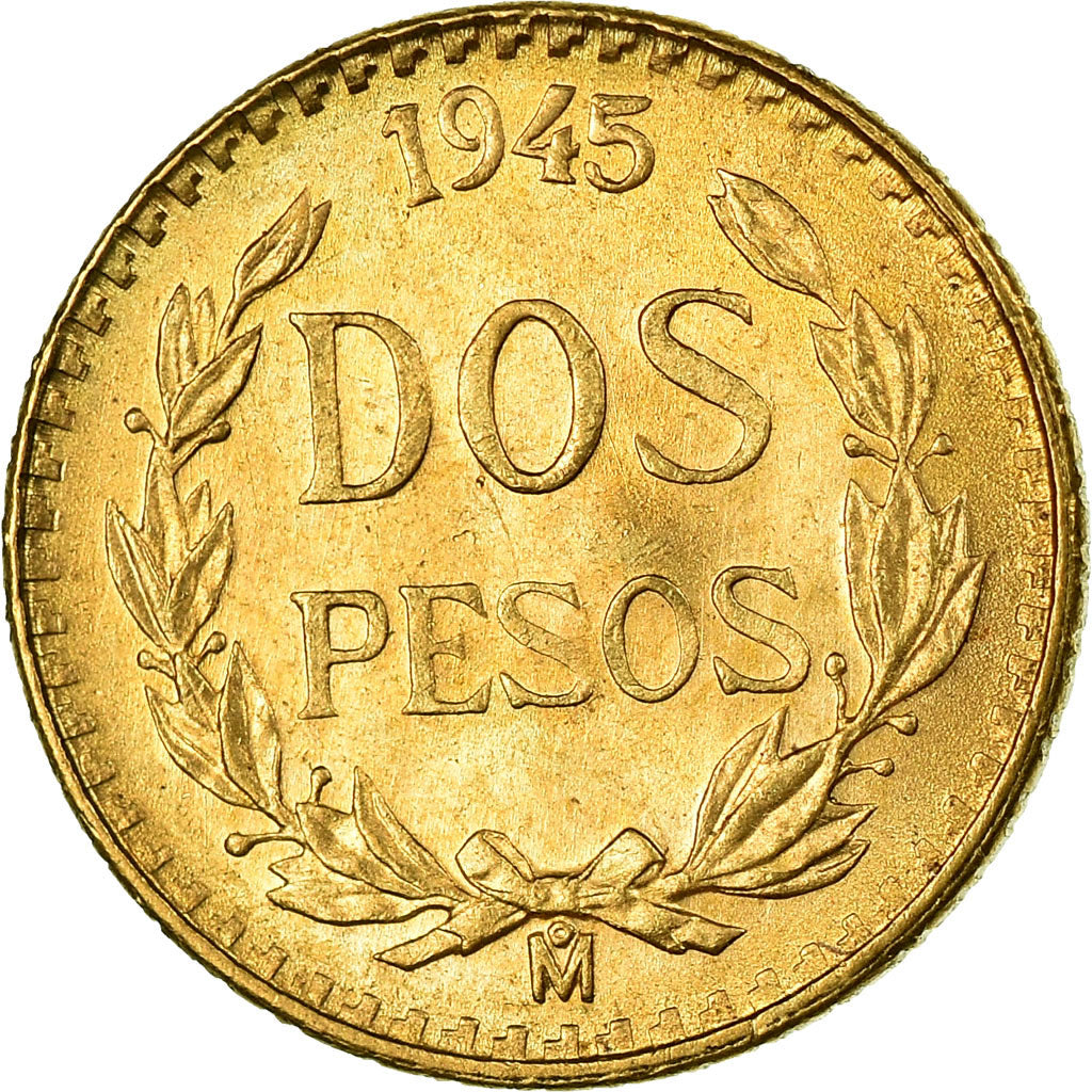 Coin, Mexico, 2 Pesos, 1945, Mexico City, MS(63), Gold, KM:461