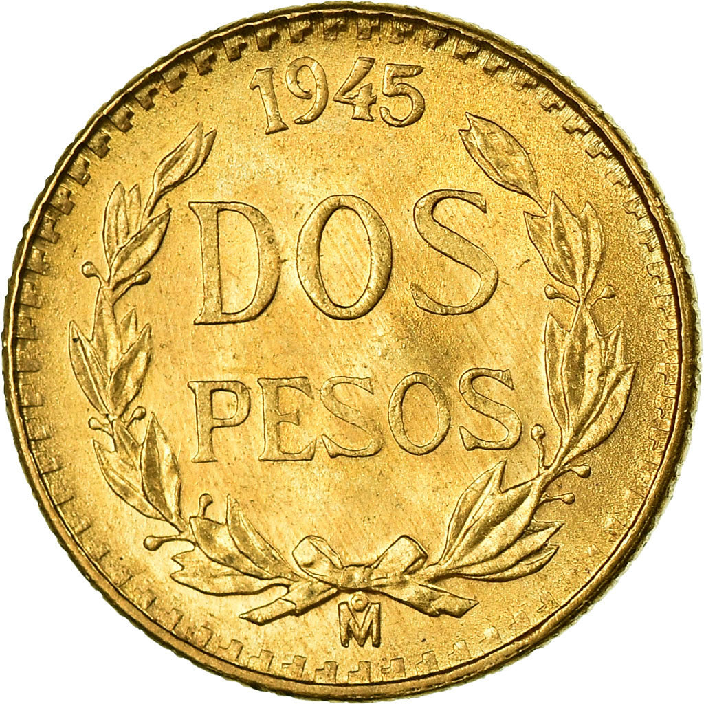 Coin, Mexico, 2 Pesos, 1945, Mexico City, MS(63), Gold, KM:461