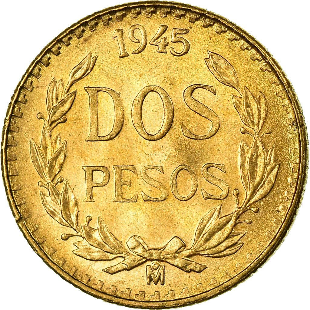 Coin, Mexico, 2 Pesos, 1945, Mexico City, MS(63), Gold, KM:461