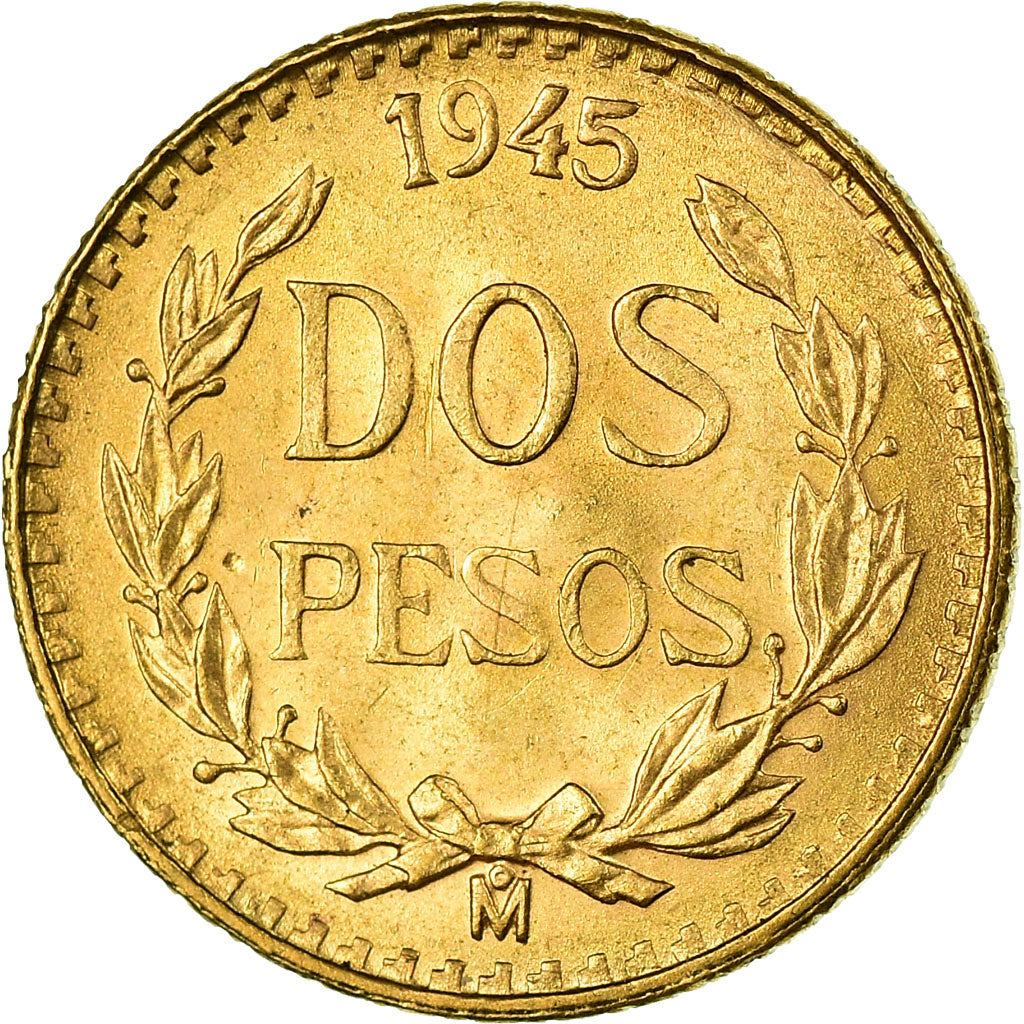 Coin, Mexico, 2 Pesos, 1945, Mexico City, MS(63), Gold, KM:461