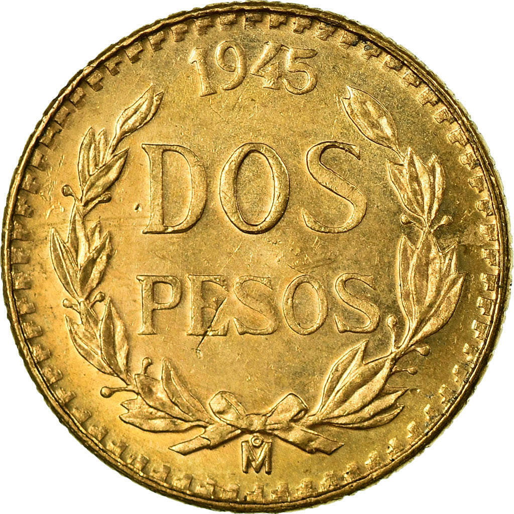 Coin, Mexico, 2 Pesos, 1945, Mexico City, MS(63), Gold, KM:461
