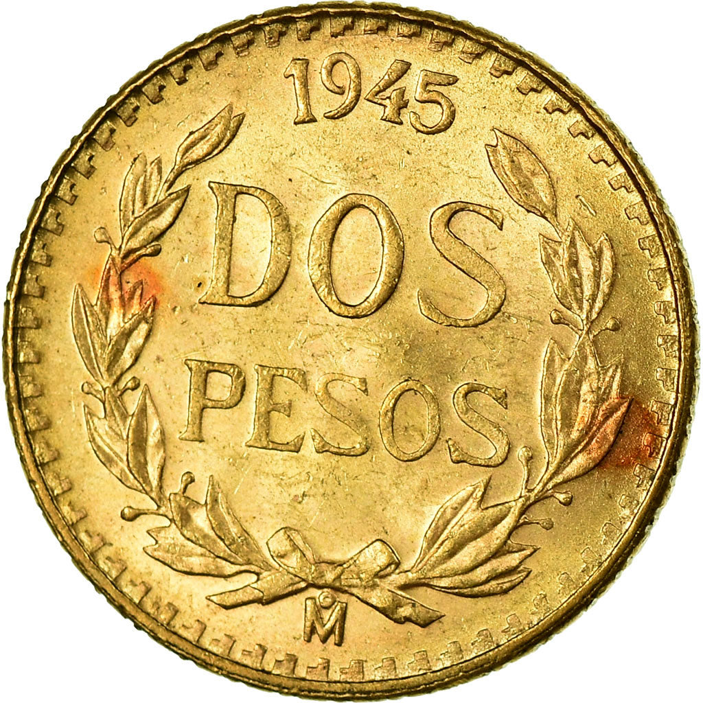 Coin, Mexico, 2 Pesos, 1945, Mexico City, MS(63), Gold, KM:461
