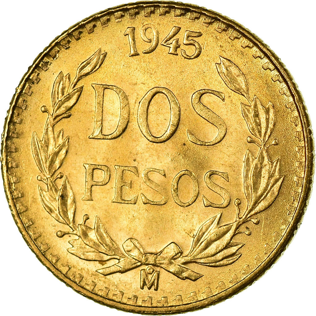 Coin, Mexico, 2 Pesos, 1945, Mexico City, MS(63), Gold, KM:461