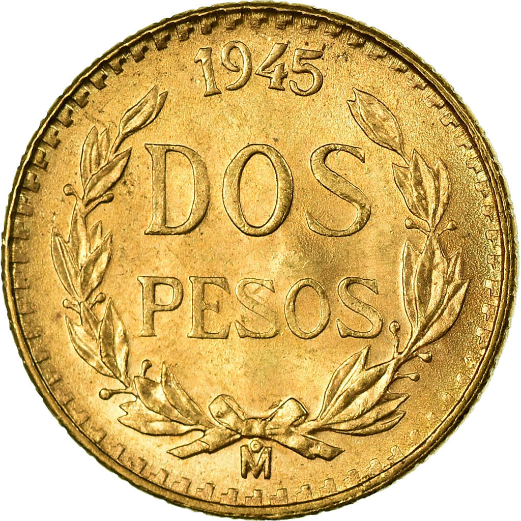 Coin, Mexico, 2 Pesos, 1945, Mexico City, MS(63), Gold, KM:461