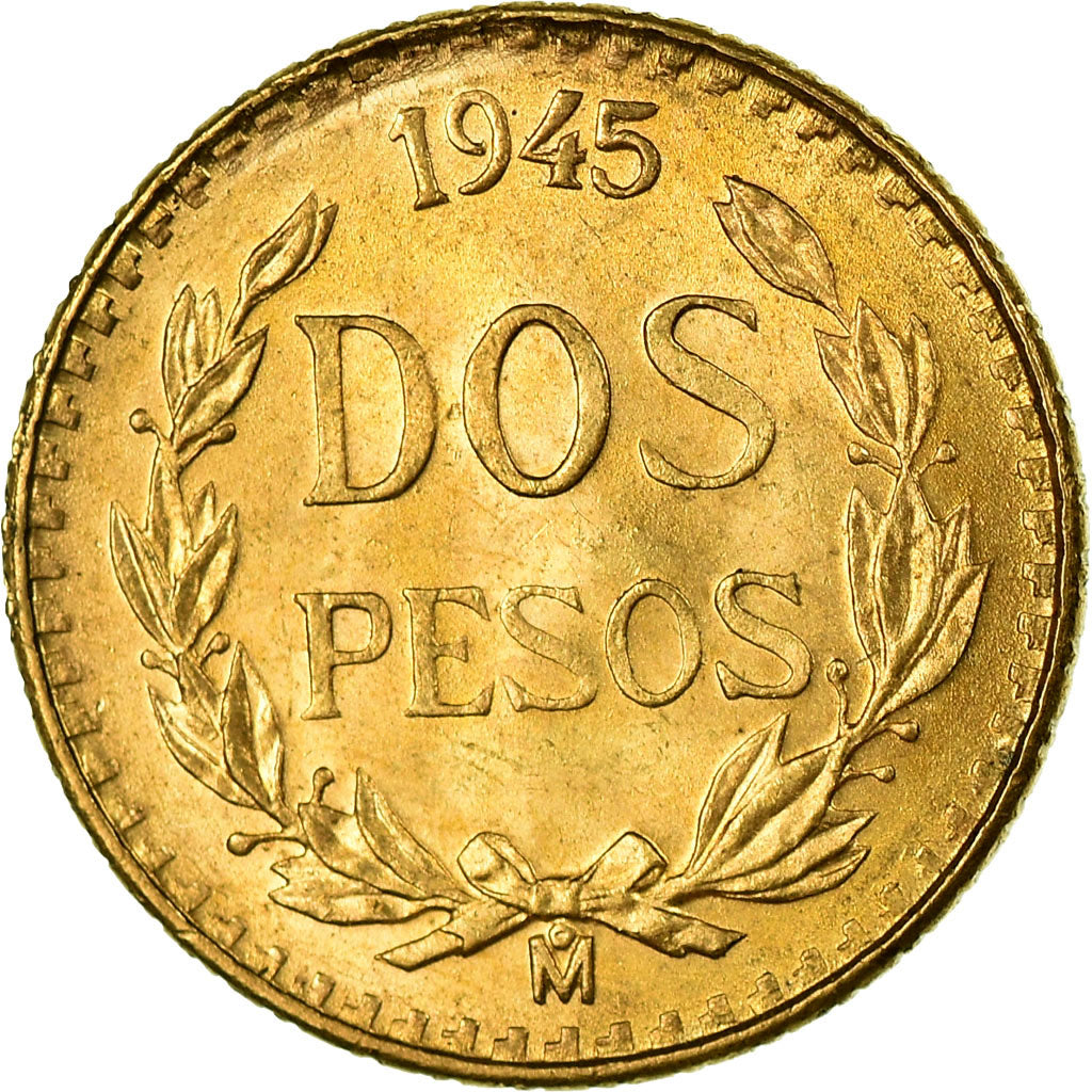 Coin, Mexico, 2 Pesos, 1945, Mexico City, MS(63), Gold, KM:461
