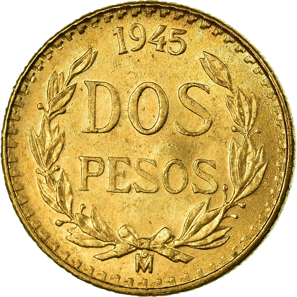Coin, Mexico, 2 Pesos, 1945, Mexico City, MS(63), Gold, KM:461