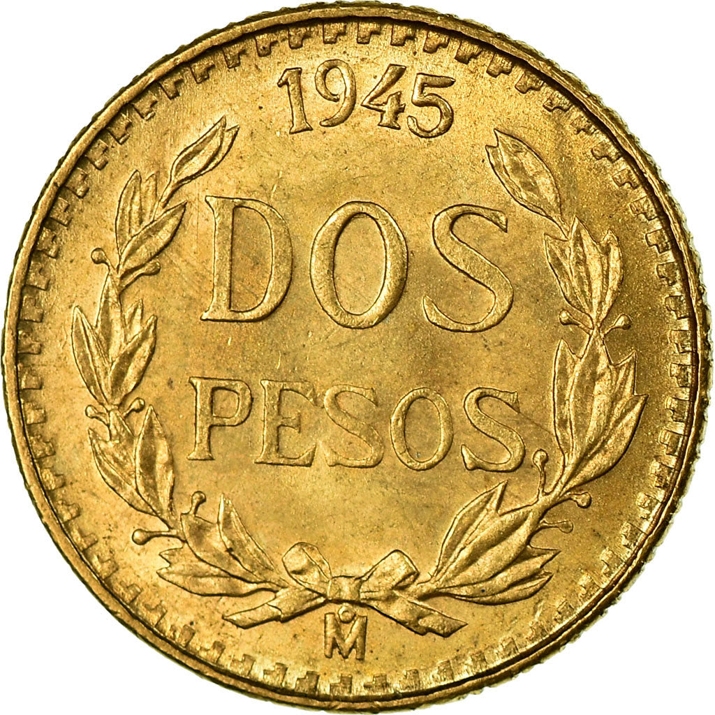 Coin, Mexico, 2 Pesos, 1945, Mexico City, MS(63), Gold, KM:461