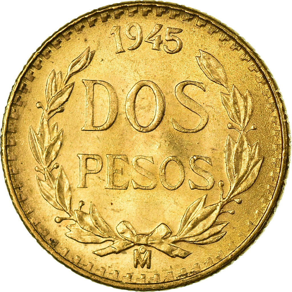 Coin, Mexico, 2 Pesos, 1945, Mexico City, MS(63), Gold, KM:461