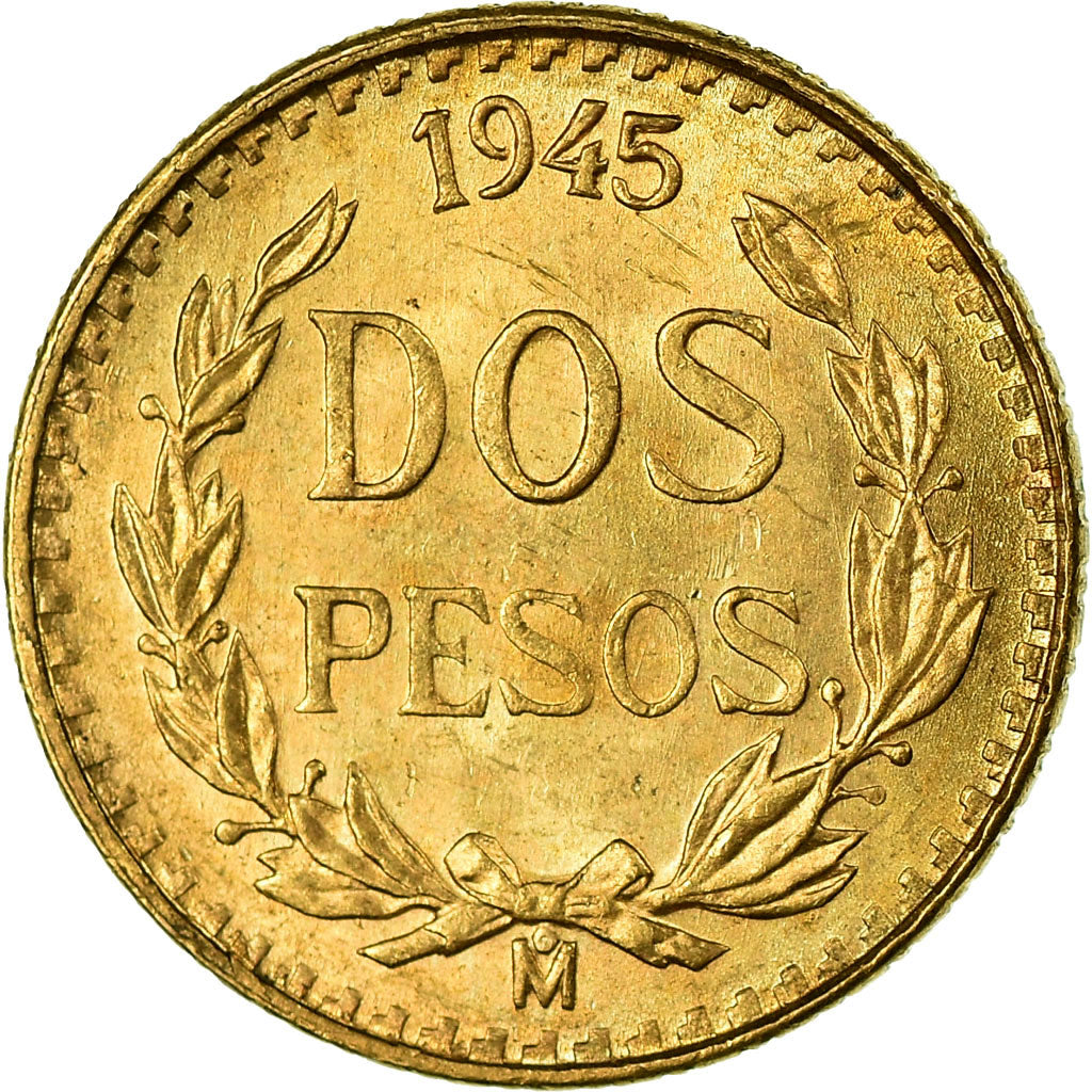 Coin, Mexico, 2 Pesos, 1945, Mexico City, MS(63), Gold, KM:461