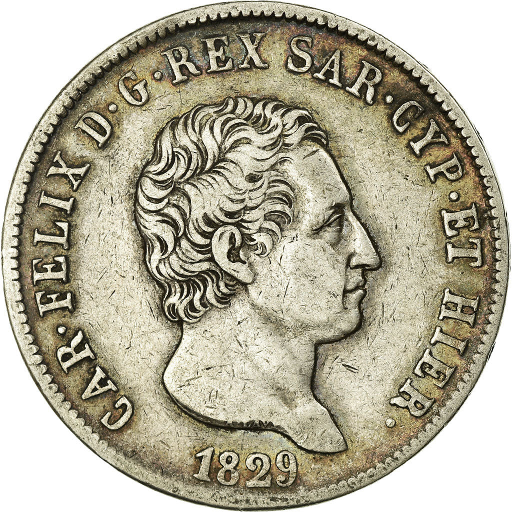 Moeda, ESTADOS ITALIANOS, SARDINIA, Carlo Felice, 5 Lire, 1829, Genoa
