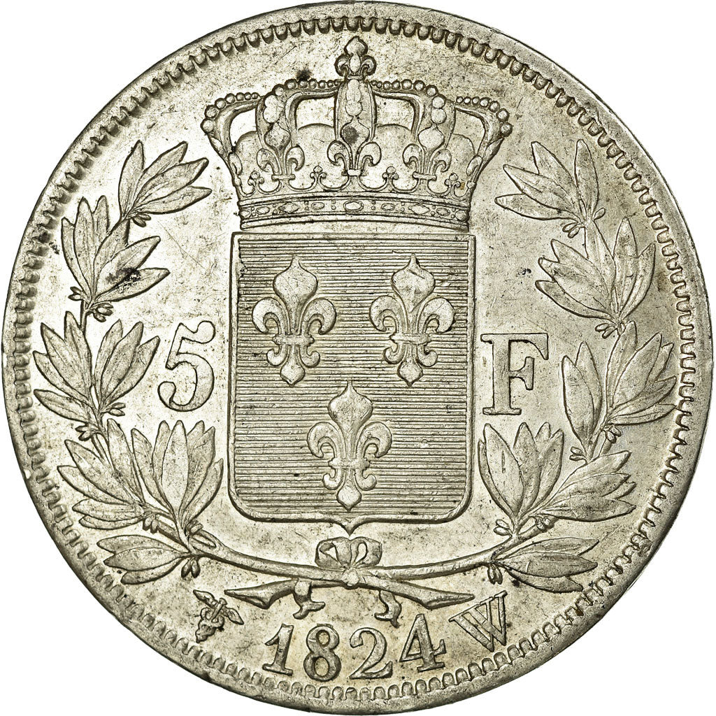 Moneda, Francia, Louis XVIII, Louis XVIII, 5 Francs, 1824, Lille, MBC, Plata