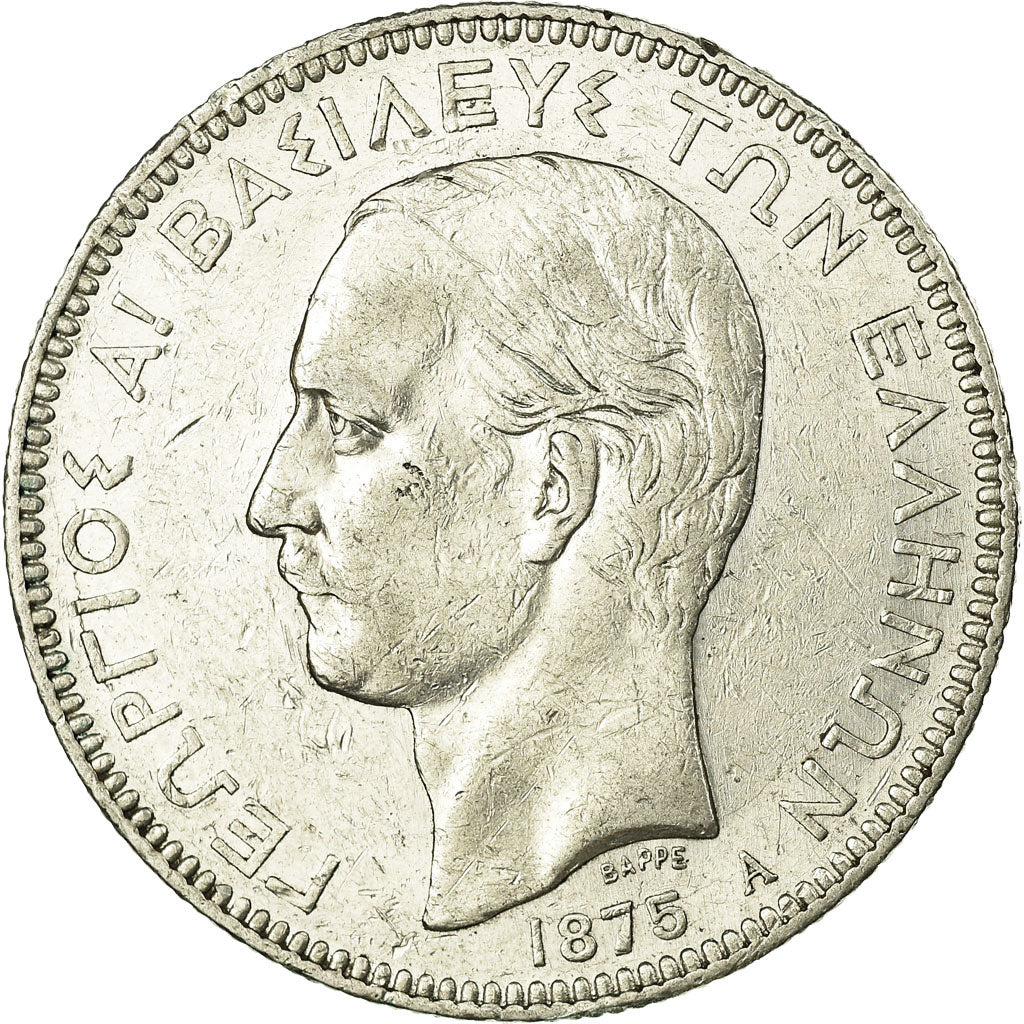 Coin, Greece, George I, 5 Drachmai, 1875, Paris, VF(20-25), Silver, KM:46
