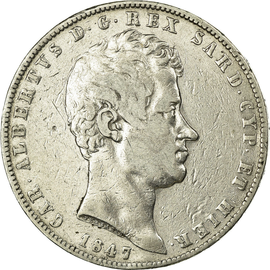 Moneda, Estados italianos, SARDINIA, Carlo Alberto, 5 Lire, 1847, Genoa, BC+