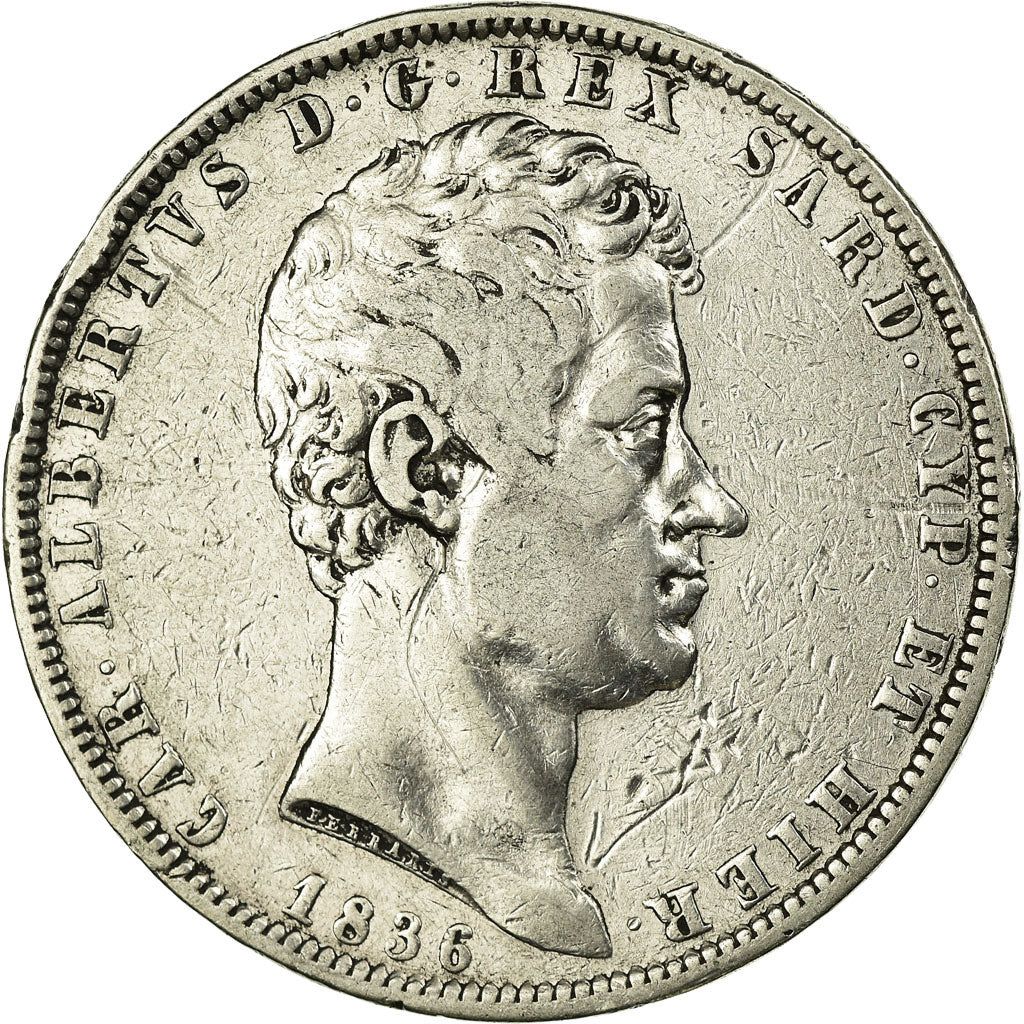 Moeda, ESTADOS ITALIANOS, SARDINIA, Carlo Alberto, 5 Lire, 1836, Genoa
