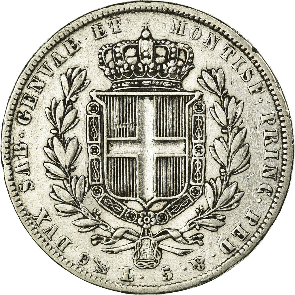 Moeda, ESTADOS ITALIANOS, SARDINIA, Carlo Alberto, 5 Lire, 1836, Genoa