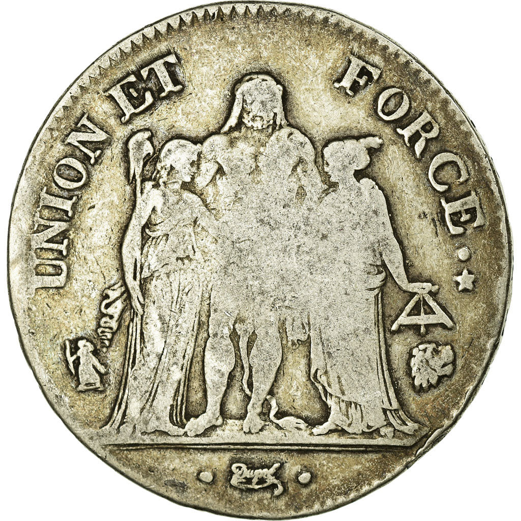 Moneda, Francia, Union et Force, 5 Francs, AN 7, Bayonne, BC, Plata, KM:639.6
