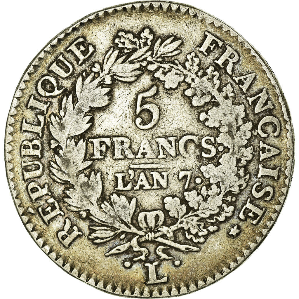 Moneda, Francia, Union et Force, 5 Francs, AN 7, Bayonne, BC, Plata, KM:639.6