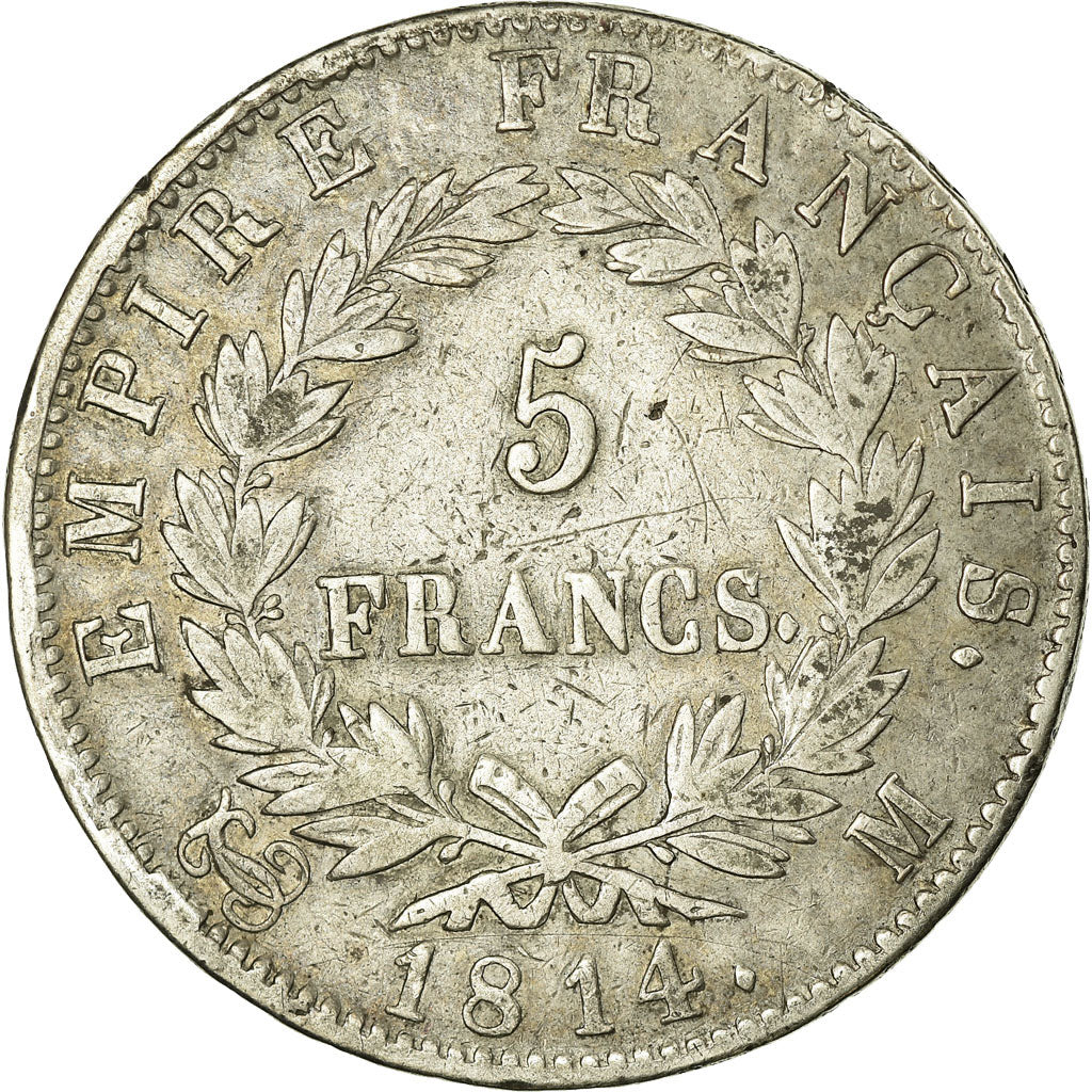 Moneda, Francia, Napoléon I, 5 Francs, 1814, Toulouse, BC+, Plata, KM:694.10