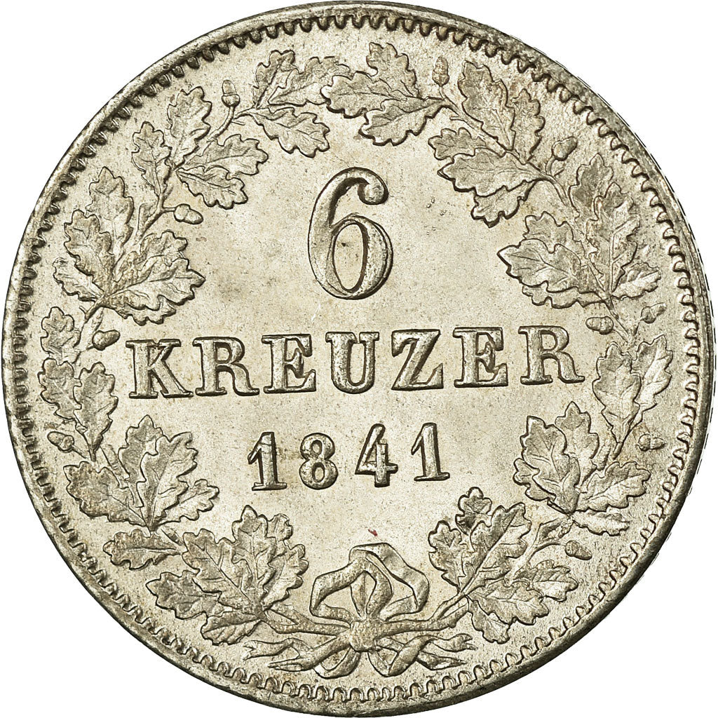 Coin, German States, BADEN, Leopold I, 6 Kreuzer, 1841, MS(60-62), Silver
