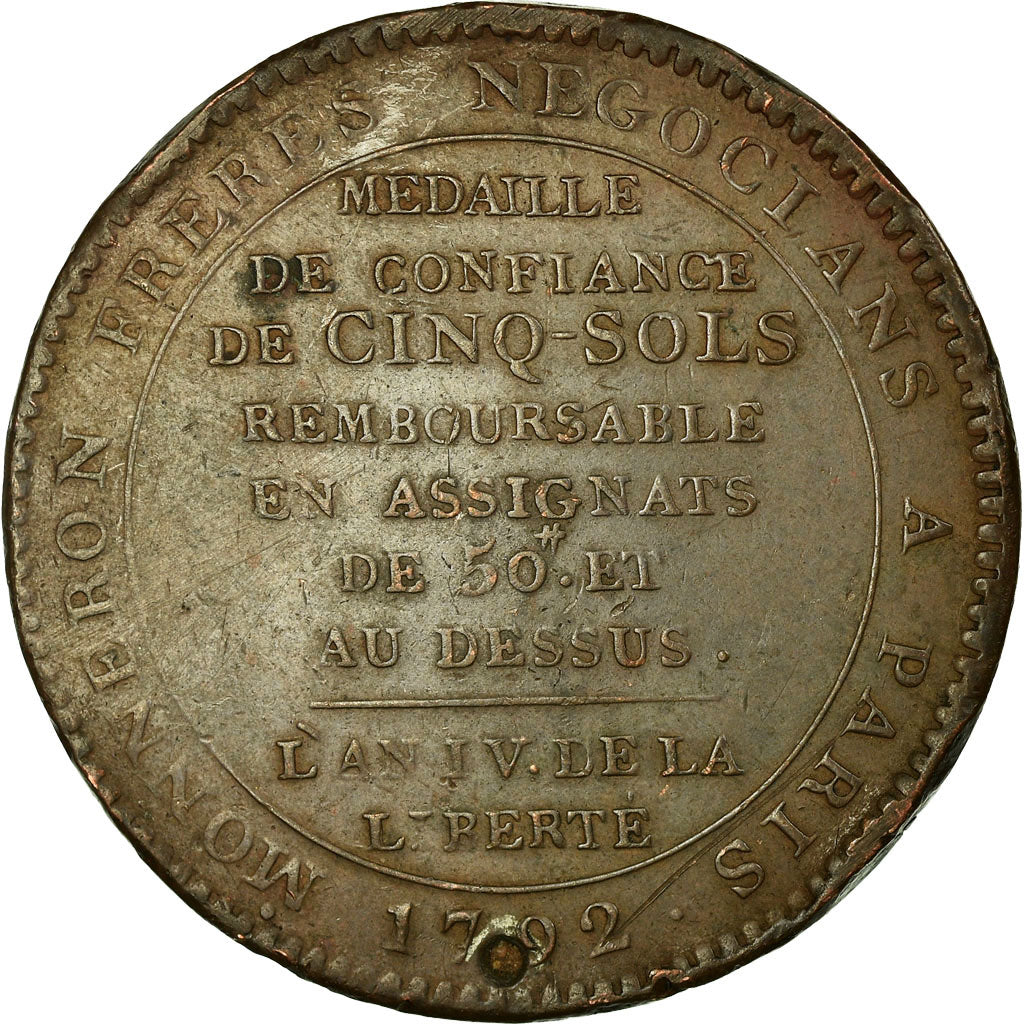Coin, France, Monneron, 5 Sols, 1792, Paris, VF(20-25), Bronze