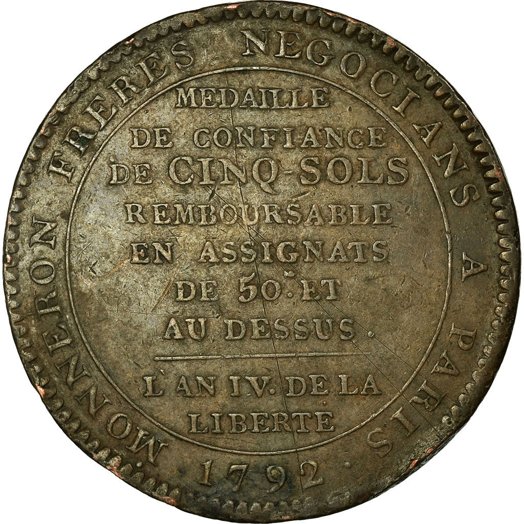 Coin, France, Monneron, 5 Sols, 1792, Paris, VF(20-25), Bronze
