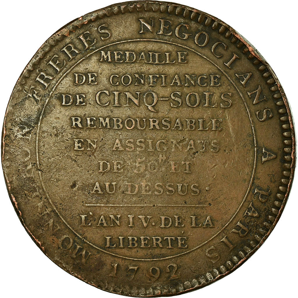 Coin, France, Monneron, 5 Sols, 1792, Paris, VF(20-25), Bronze