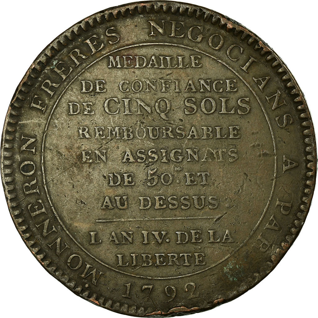 Coin, France, Monneron, 5 Sols, 1792, Paris, VF(20-25), Bronze