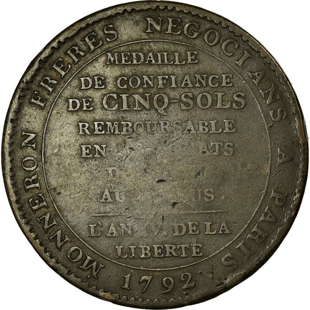 Monnaie, France, Monneron, 5 Sols, 1792, Paris, TB, Bronze