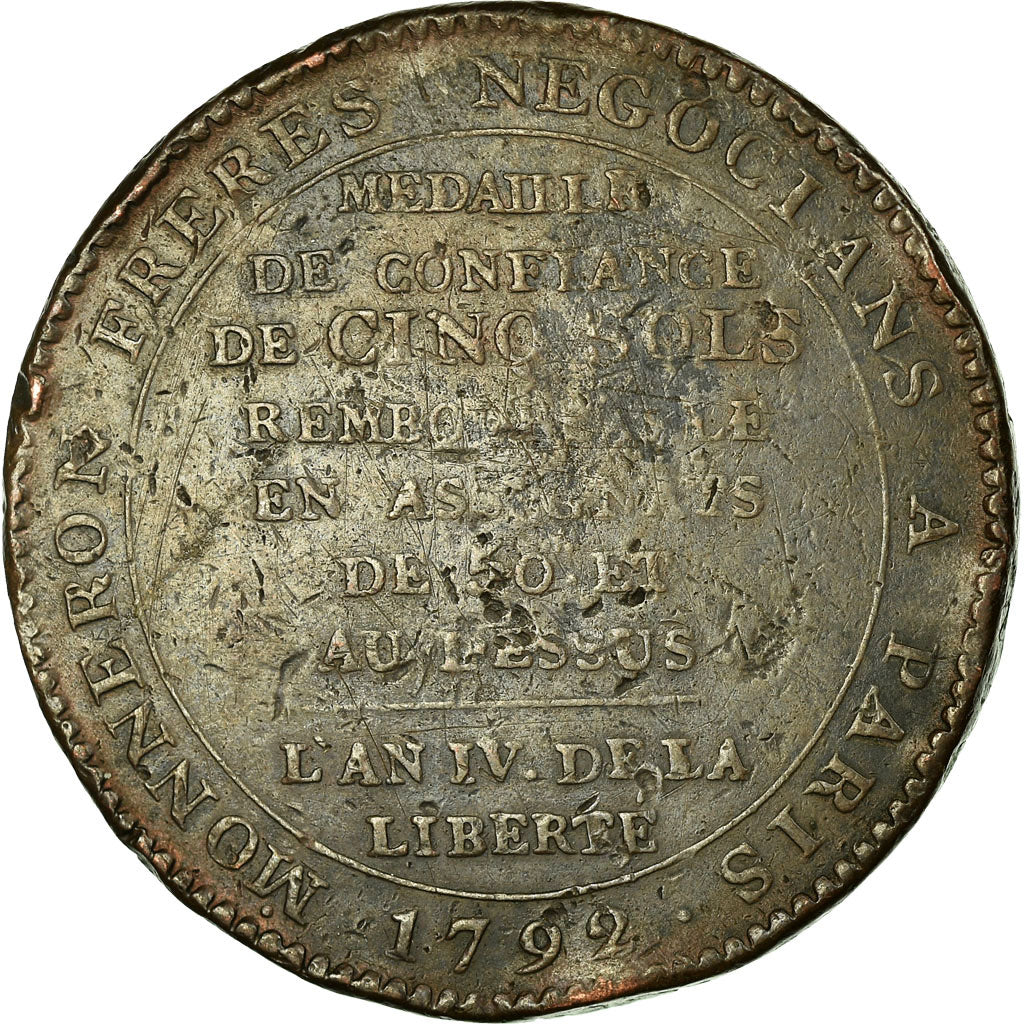 Münze, Frankreich, Monneron, 5 Sols, 1792, Paris, S, Bronze