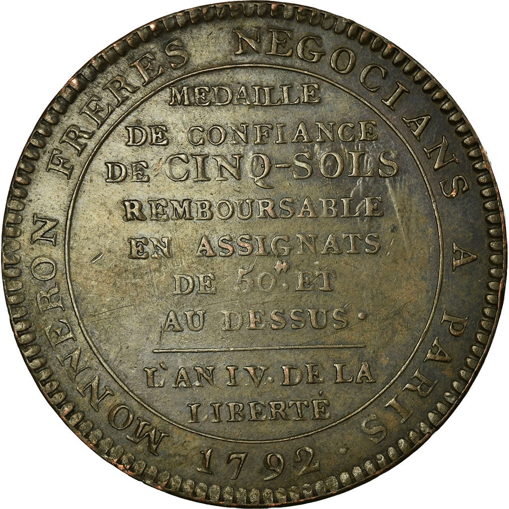 Coin, France, Monneron, 5 Sols, 1792, Paris, EF(40-45), Bronze