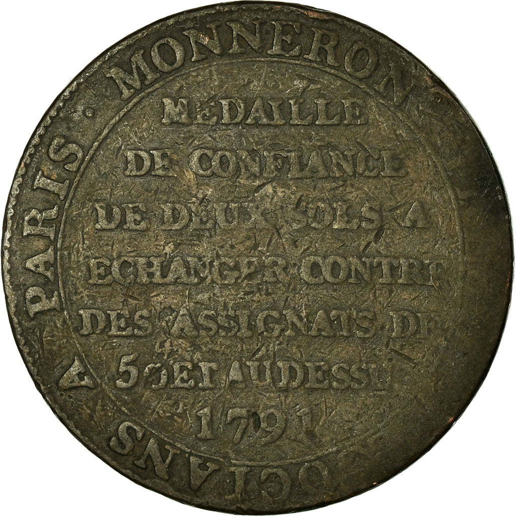 Coin, France, 2 Sols, 1791, Birmingham, Monneron, VF(30-35), Bronze, KM:Tn23