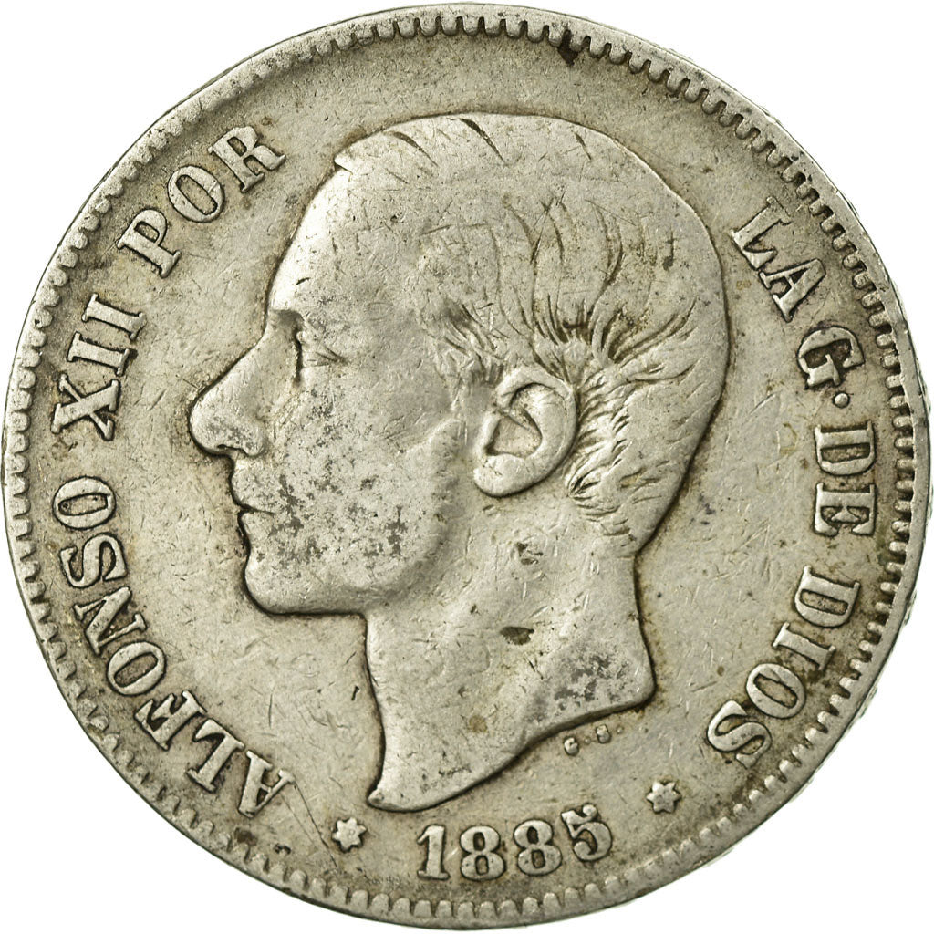 Moneda, España, Alfonso XII, 5 Pesetas, 1885, Madrid, BC+, Plata, KM:688