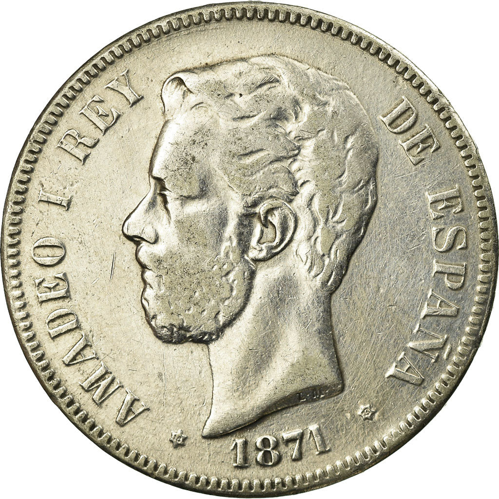 Coin, Spain, Amadeao I, 5 Pesetas, 1871, Madrid, VF(20-25), Silver, KM:666