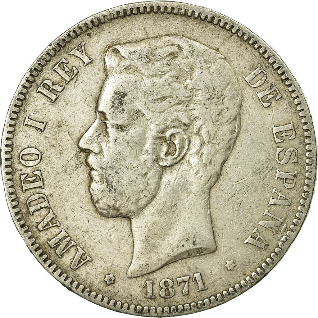 Coin, Spain, Amadeao I, 5 Pesetas, 1871, Madrid, VF(20-25), Silver, KM:666
