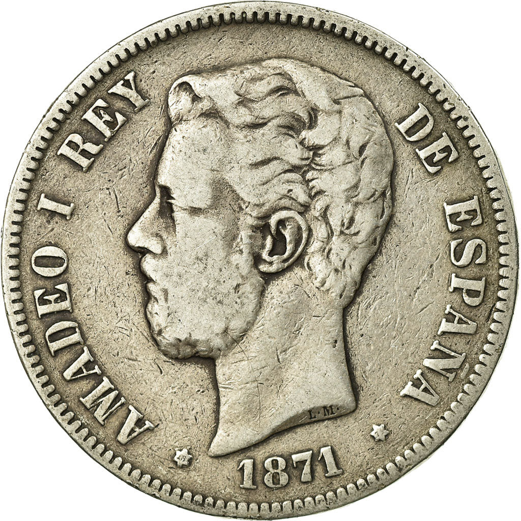 Monnaie, Espagne, Amadeao I, 5 Pesetas, 1871, Madrid, TB, Argent, KM:666
