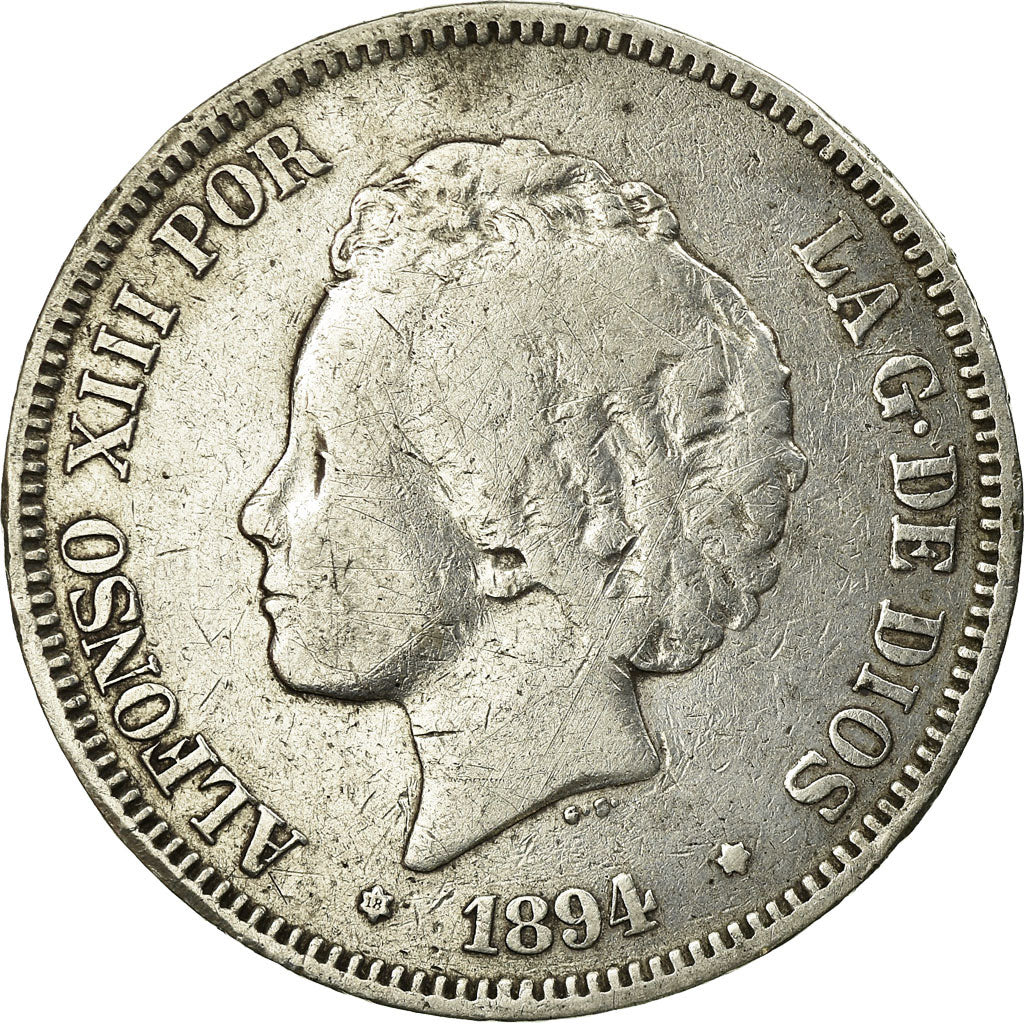 Moneta, Spagna, Alfonso XIII, 5 Pesetas, 1894, Valencia, MB, Argento, KM:700