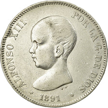 Munten, Spanje, Alfonso XIII, 5 Pesetas, 1891, Madrid, ZF, Zilver, KM:689